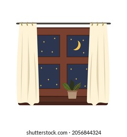 Vector. Window at night, with a houseplant on the windowsill. Vis from the window to the starry sky. Quiet night. Flat cartoon illustration. Isolated over white background.