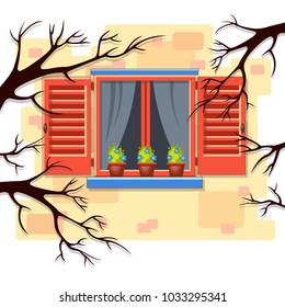 Vector window with pink shutters, transparent curtains, flower pots on a brick wall with dark branches in front of it. Cartoon house element. Cute summer illustration. European street. Old town