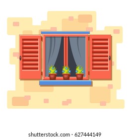 Vector window with pink shutters, transparent curtains and flower pots on a brick wall. Cartoon house element. Cute summer illustration. European street