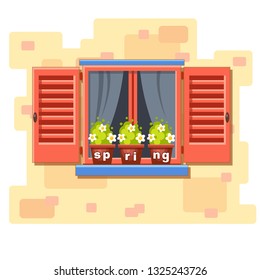 Vector window with red shutters, transparent curtains and flower pots with letters "spring". Cartoon house element. Cute summer illustration. European street. Old town