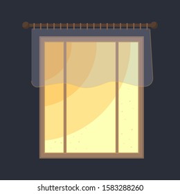Vector window with short sheer curtains. The room is dark, only sunlight is visible from the window. Flat illustration for your website. Stock illustration eps10