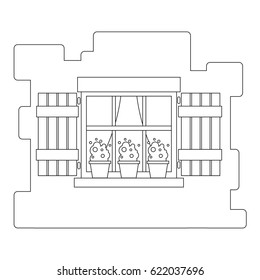 Vector window with shutters, curtains and flower pots on a brick wall. Cartoon contour house element. Cute summer european street. Line illustration for coloring