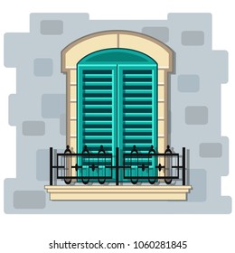 Vector window with turquoise shutters and 	wrought iron fence. Cartoon cyan house element on a gray brick wall. Cute summer illustration. European street