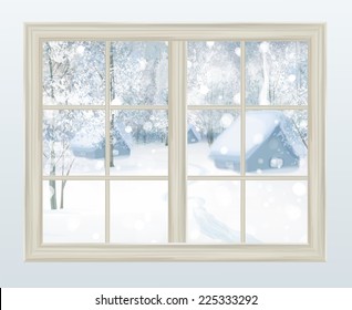 Vector window with  view of snowy background.