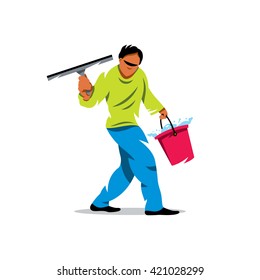 Vector Window washer. Cleaning service. Cartoon Illustration. Man with a bucket of water and a scraper. Branding Identity Corporate unusual Logo isolated on a white background