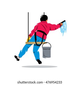 Vector Window washer. Cleaning service. Cartoon Illustration. Man with bucket of water and scraper. Unusual Logo template isolated on a white background