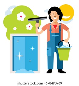 Vector Window washer. Cleaning service. Flat style colorful Cartoon illustration.