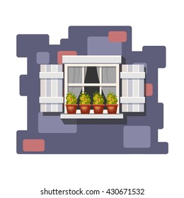 Vector window with white shutters and flowers on a dark brick wall. Cartoon house element. Cute summer illustration. European street