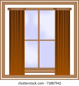 vector window with wooden frame and curtains