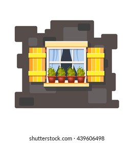 Vector window with yellow shutters and flowers. Cartoon house element. Cute summer illustration. European street