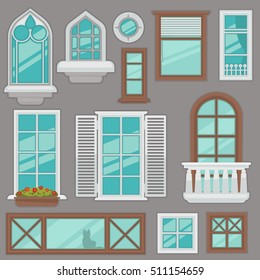 Vector windows collection of various types. For interior and exterior design use. Flat style.