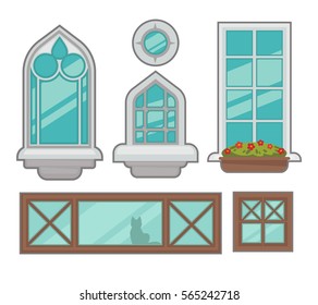 Vector windows collection of various types. For interior and exterior design use. Flat style.