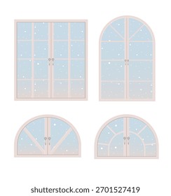 Ventanas de Vector con nieve invernal, paisaje. Hermosos Elementos interiores de Navidades. Parte del cartel del año Nuevo, postal, elemento decorativo