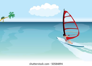 Vector windsurfer in to tropical sea