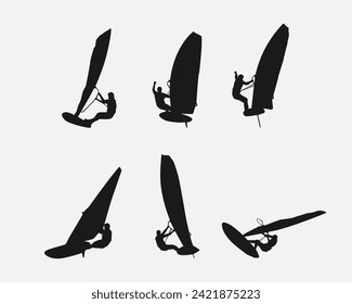 Vector windsurfing silhouette set. Isolated on white background. Water sports, beach, extreme. Vector illustration.