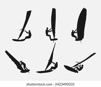 Vector windsurfing silhouette set. Isolated on white background. Water sports, beach, extreme. Vector illustration.