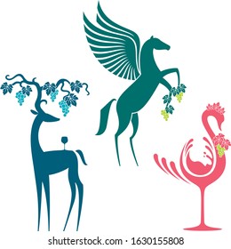 Vector wine animals illustrations of animals with vine
