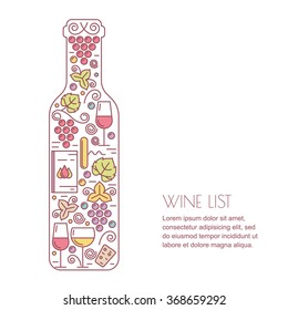 Vector wine background. Line icons set, logo and design elements. Wine bottle, glass, grape vine and leaf illustration. Concept for wine list, bar or restaurant menu, natural alcohol drinks.