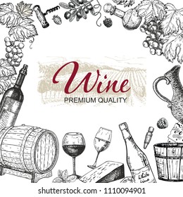 Vector wine background. Winery illustration. Wine card,template design. Wine sketch, vintage card. Red/white Wine - stock vector.