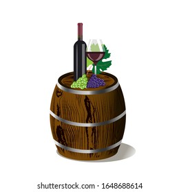 Vector wine banner with grapes, barrel, wine bottle, glass.