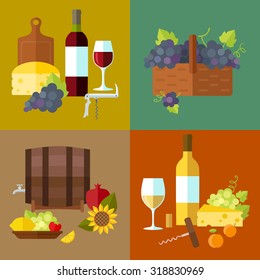 Vector wine banner set with vine, barrel, wine bottle, glass, corks, corkscrew, bunches of grapes, cutting board, cheese and fruits. Flat design.
