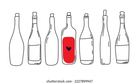 Vector wine botlles, alcohol, line art, doodle, minimalistic design.