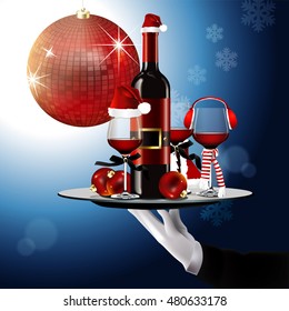 Vector of Wine Bottle and Glass in Christmas Costume on Hand in white glove holding serving tray. Christmas party concept