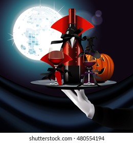 Vector  of Wine Bottle and Glass in Halloween Costume and Pumpkin on Hand in white glove holding serving tray. Halloween party concept