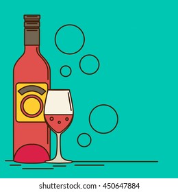 Vector wine bottle and wine glass with red wine. Flat style.