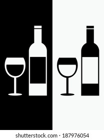 Vector wine bottle and glass set in both black and reverse