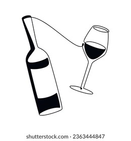 Ilustración de botellas de vino vectorial y gafas. Icono de silueta de doodle lineal dibujado a mano. Diseño gráfico, caricatura impresa, banner, tarjeta, afiche, folleto, signo, símbolo, logotipo del bar, café, menú del restaurante.