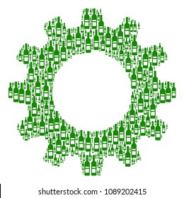 Vector wine bottle icons are grouped into gearwheel composition. Machinery design concept constructed of wine bottle icons.