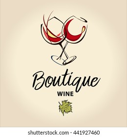 Vector wine boutique hand drawn logo with wineglass and green leaf. Element of design template for menu of restaurant, bar, cafe. 