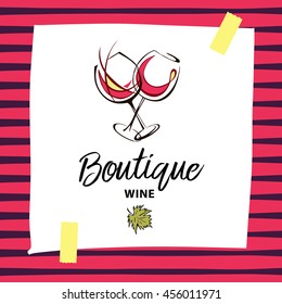 Vector wine boutique hand drawn logo with wineglass and green leaf. Element of menu, corporate identity and design template for restaurant, bar, cafe.