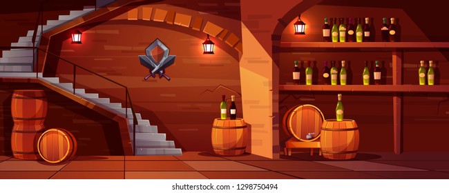 Vector wine cellar background, cozy space with wooden barrels, glass bottles. Alcohol, winemaking room with lanterns, stairs. Castle basement with shield, swords and shelves with beverage