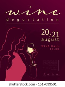 Vector wine degustation poster template with hand drawn portrait of young beautiful lady in pink dress hold wine glass on dark background. Sketch style. Concept for ladies night party, bar, happy hour