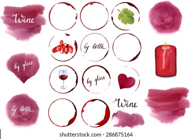 Vector wine design set: a collection of watercolor drawings and design elements, including stains of various shapes, words 'wine', 'by glass', 'by bottle', glass of wine, vine leaf, grapes, candle