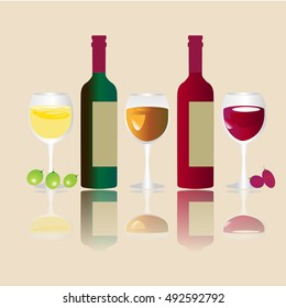 Vector wine design set: a collection of bottles of wine, wine glasses, grapes, vine leaves. 