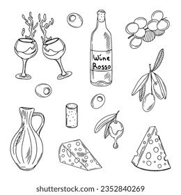 Vector wine elements. Bottle, cheese, grape vine, cork, corkscrew, grapes, olives, isolated on white background.	

