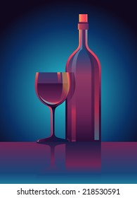 Vector wine glass and bottle - conceptual illustration on blue background