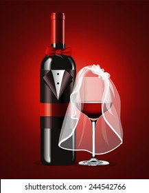 Vector of Wine Glass in Bridal Veil and Wine Bottle in Wedding Suit on Red Background. Valentine day.