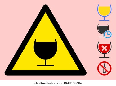 Vector wine glass flat warning sign. Triangle icon uses black and yellow colors. Symbol style is a flat wine glass attention sign on a pink background. Icons designed for notice signals, road signs,