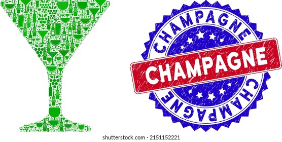 Vector wine glass icon wine collage with grunge bicolor Champagne stamp. Red and blue bicolored stamp with grunge texture and Champagne word. Wine glass mosaic icon formed with wine cups,