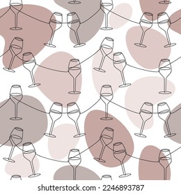 Vector wine glass icon seamless pattern. One line continuous hand drawn illustration. Wallpaper, graphic background, fabric, print, wrapping paper or package design.