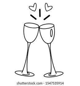 Vector wine glasses on white background for greeting cards, invitations, wedding or romantic decorations, logos and banners.