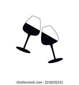Vector wine glasses set flat drawing illustration. Hand drawn silhouette icon. Minimal design element for print, banner, card, wall art poster, brochure, logo.