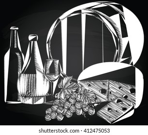Vector wine, grape, and cheese, on the chalkboard background
