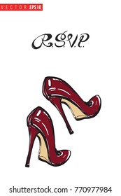 Vector wine heels with motivational text: rsvp. Fashion accessory illustration in glamour style for beauty salon, shop, blog print. Isolated symbol on white background.