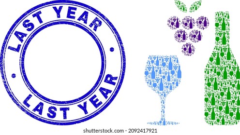 Das Mosaik der Vektorweine besteht aus zerstreuten rekursiven Weinteilen. Letztes Jahr schmutziger, blauer Rundsiegeldruck. Wiederbelebende Collage aus Weinsymbol.