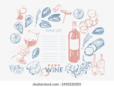 Ilustración de Vector. Botella de vino, vidrio, manchas de vino, corcho, sacacorchos, queso, mariscos, pan, vaso de mano. Para la comida y bebida de fondo, carta de vinos, menú de cafetería.